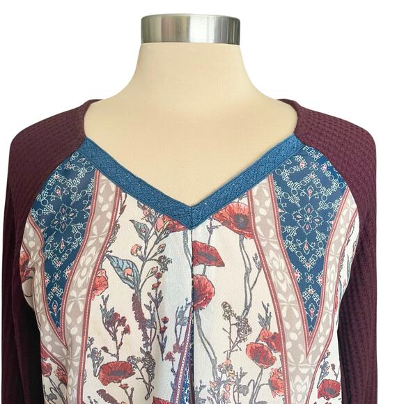 Weekend Suzanne Betro Mixed Media Waffle Weave Chiffon Top Sz XL Burgundy Floral - Picture 3 of 6